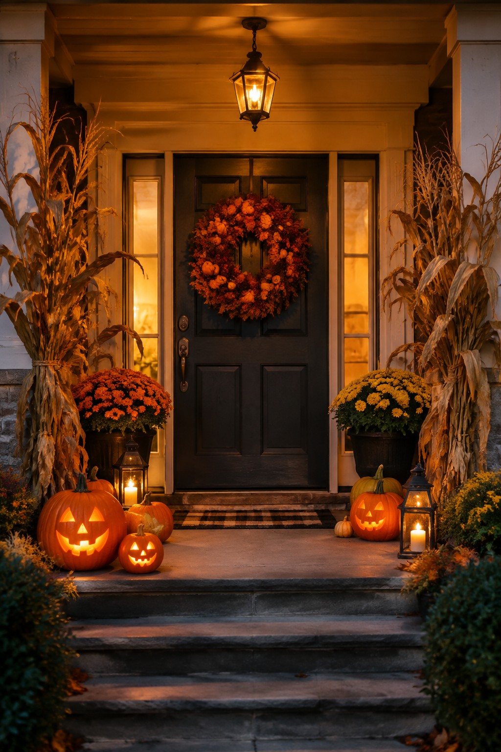 Front porch with multiple carved jack o' lanterns arranged on the steps beside a dark door with an autumn wreath.