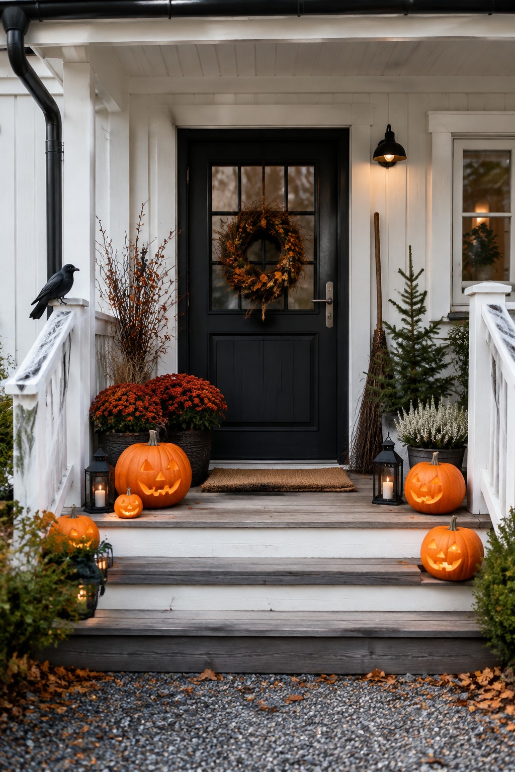 Front porch with multiple carved jack o lanterns placed on the steps and landing, lit lanterns, a crow on the railing, and a wreath on the black door.