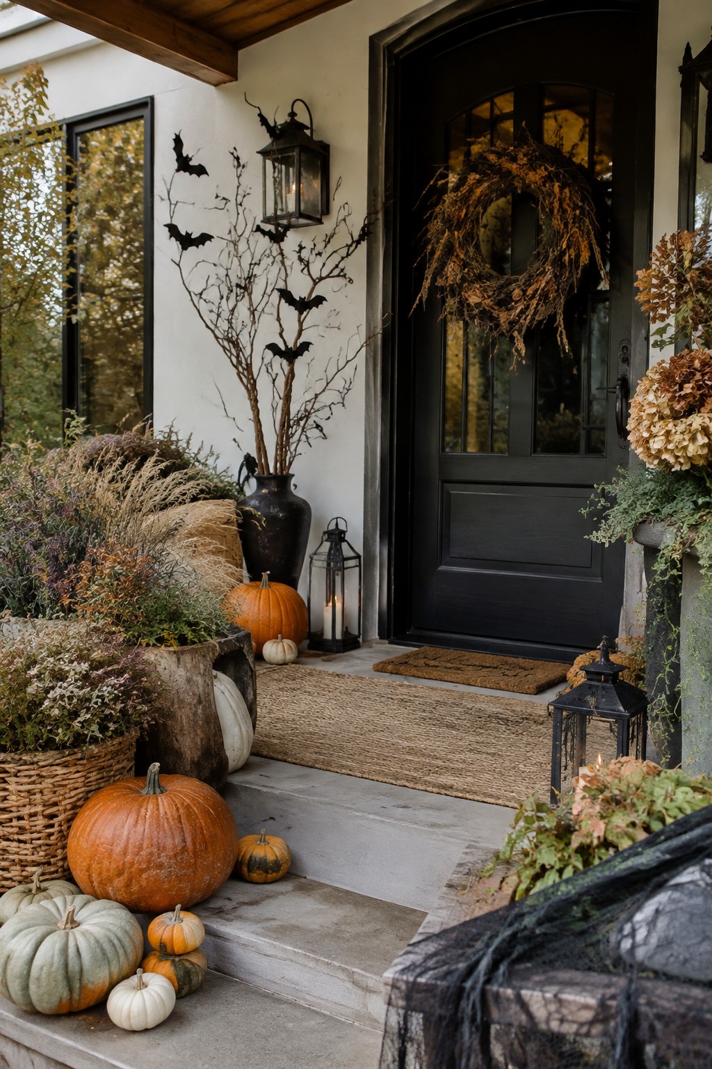 Front porch decorated with black bats on the wall next to a black door with a dried wreath and pumpkins on the steps.