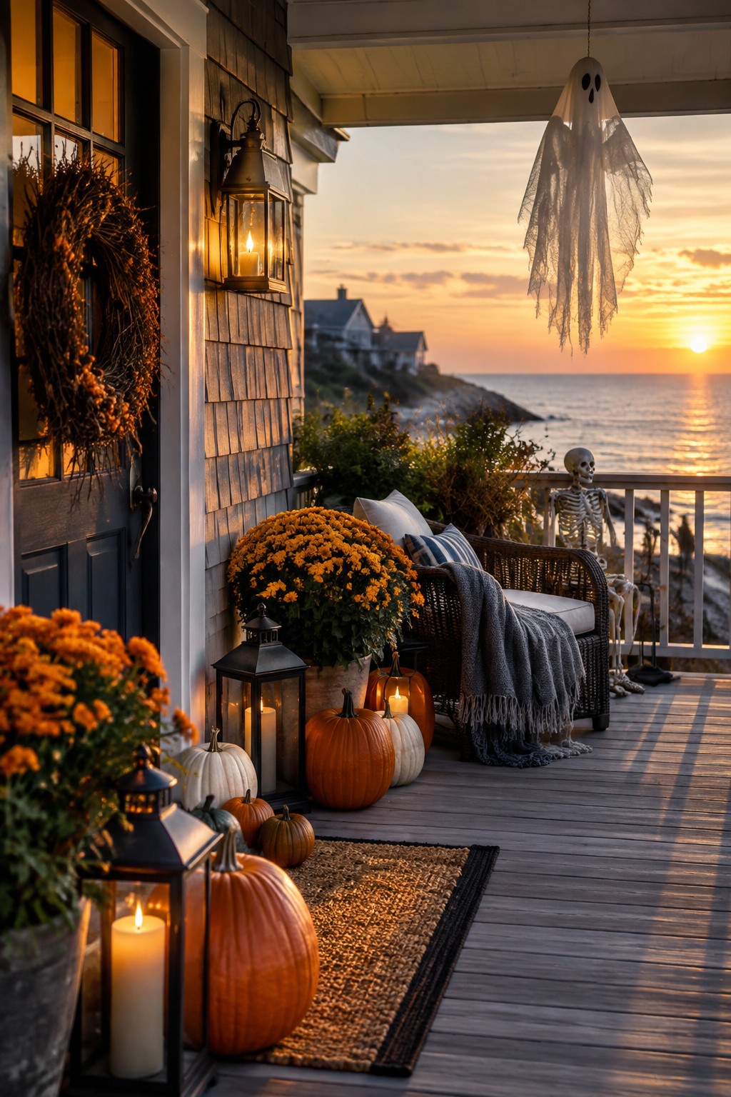 Front porch with a large white hanging ghost, a skeleton posed near the railing, pumpkins, and lanterns at sunset.