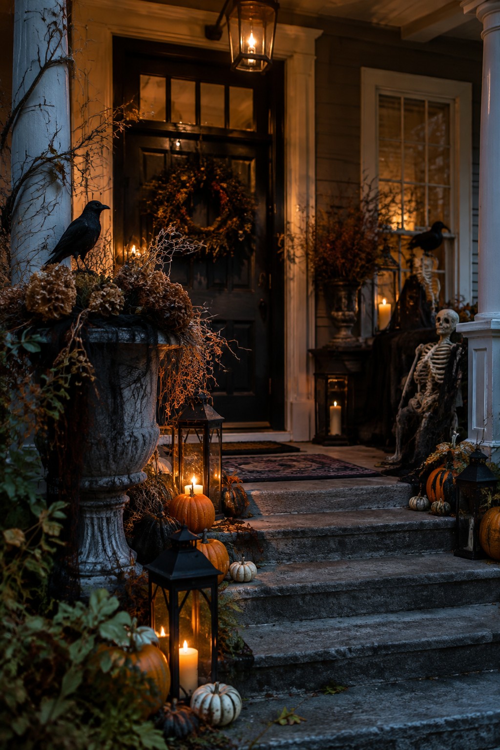 Front porch with stone steps decorated with a seated skeleton, black crows, pumpkins, and lanterns around a dark front door.
