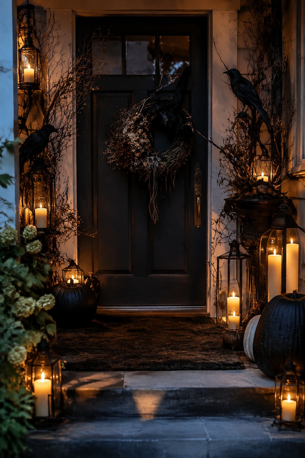 Front porch with a dark door, black wreath, crows perched on branches, black pumpkins, and lit lanterns.