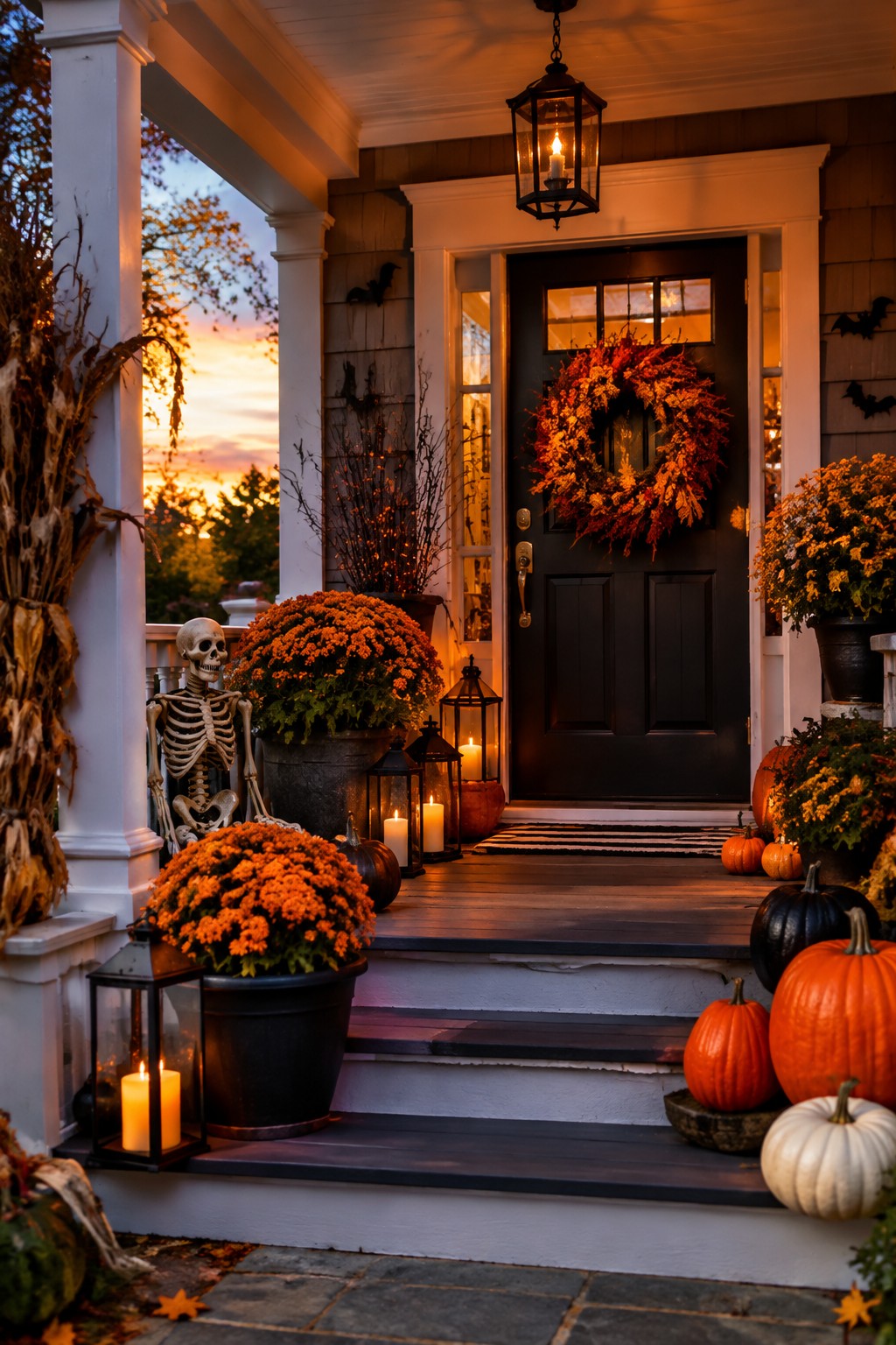 Front porch featuring a decorative skeleton seated beside large pots of orange mums, with pumpkins and lanterns arranged on the steps leading to a dark front door.