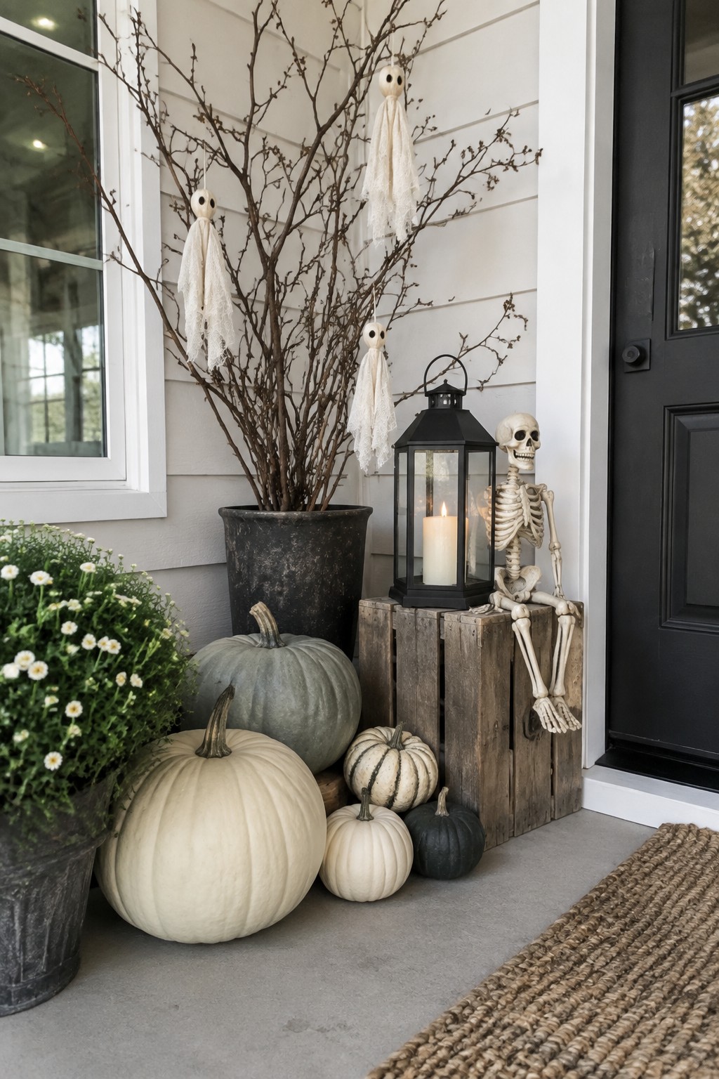Fall porch with white pumpkins, skeleton on crates, glowing lantern, and ghosts.