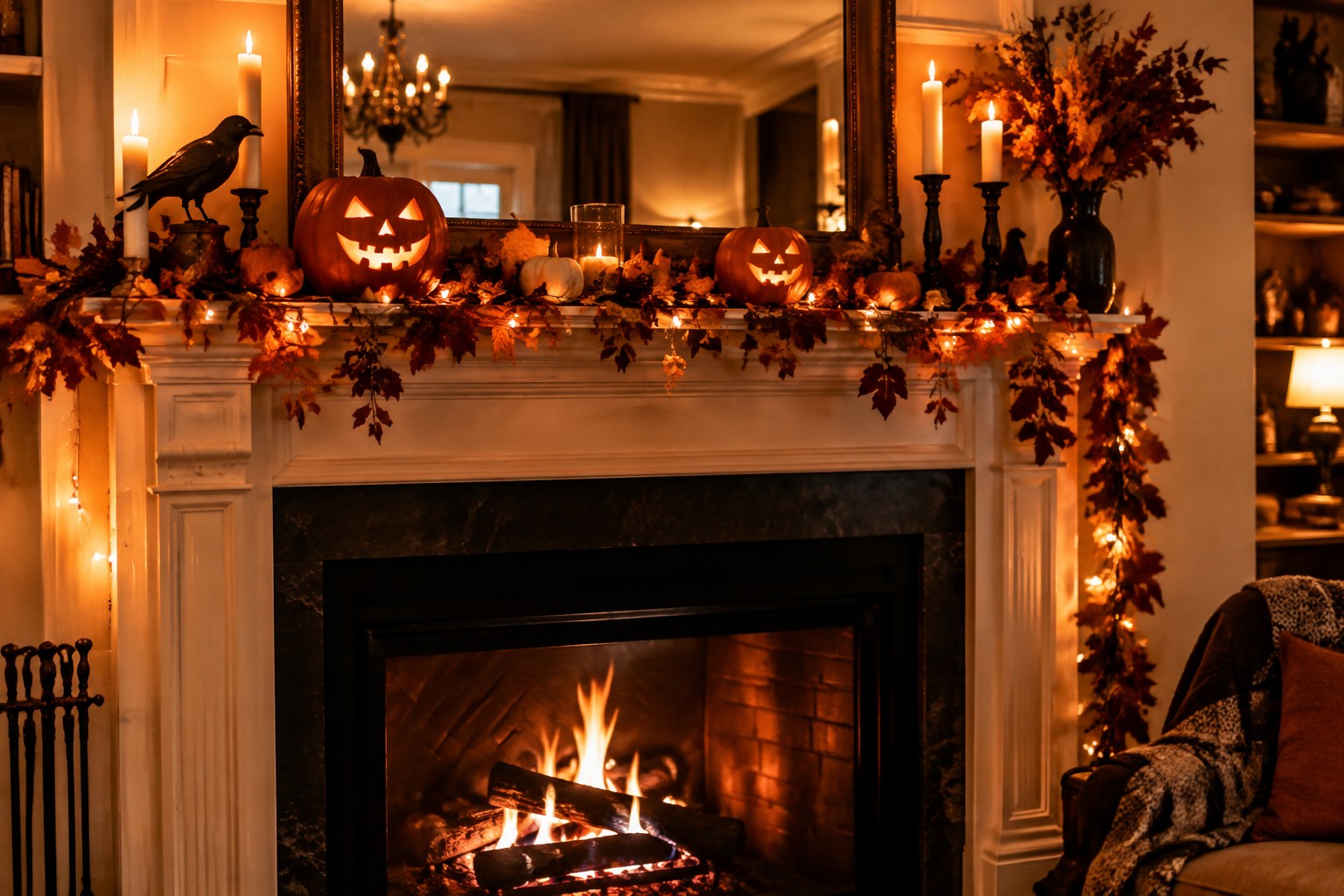 Stone fireplace with blazing fire, jack-o'-lanterns, candles, and autumn garlands.