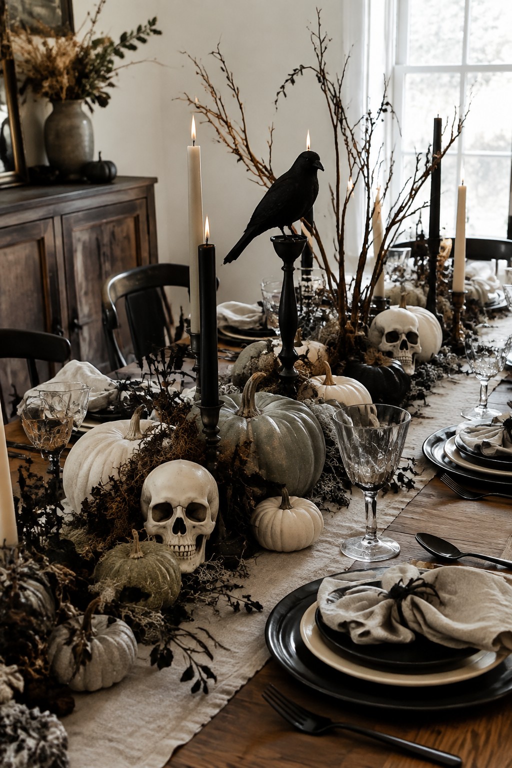Dining table with a Halloween centerpiece of skulls, a black crow on a candlestick, pumpkins, and bare branches arranged on a neutral runner.