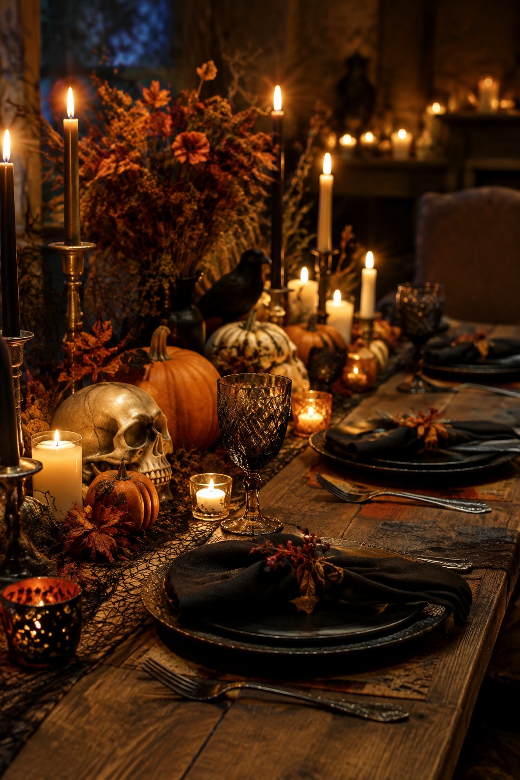 A wooden dining table set with black plates, dark napkins, a large skull, a black crow, pumpkins, and lit candles for an elegant Halloween tablescape.