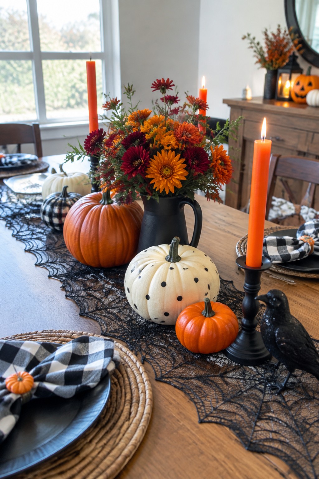 Dining table set for Halloween with a black lace spiderweb runner, orange taper candles, pumpkins, and a black crow figurine.