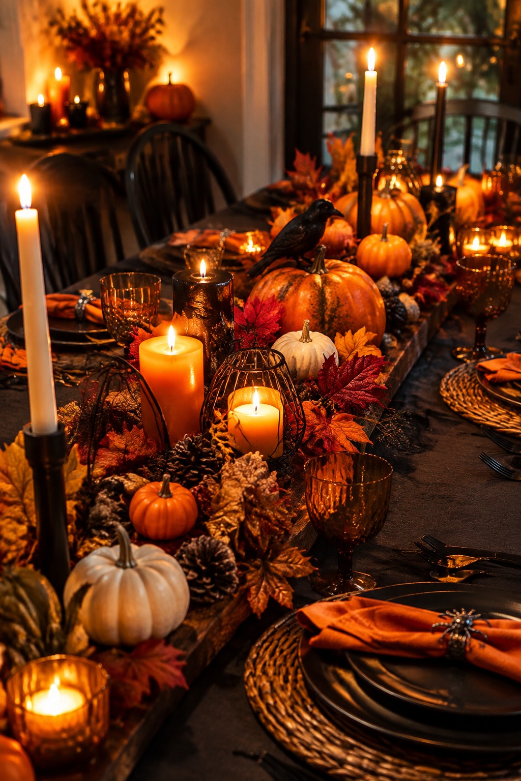 Long dining table decorated for Halloween with a black crow on a pumpkin centerpiece, mixed orange and white pumpkins, red leaves, candles, and black plates with spider napkin rings.