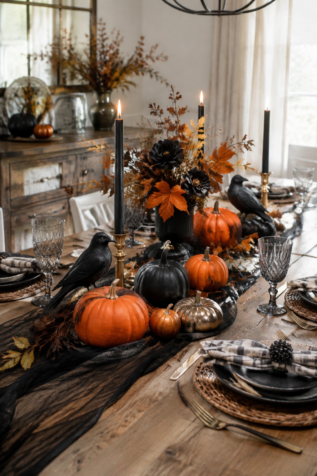 A wooden dining table decorated with black crows, orange and black pumpkins, tall black candles, and dark florals for an elegant Halloween tablescape.