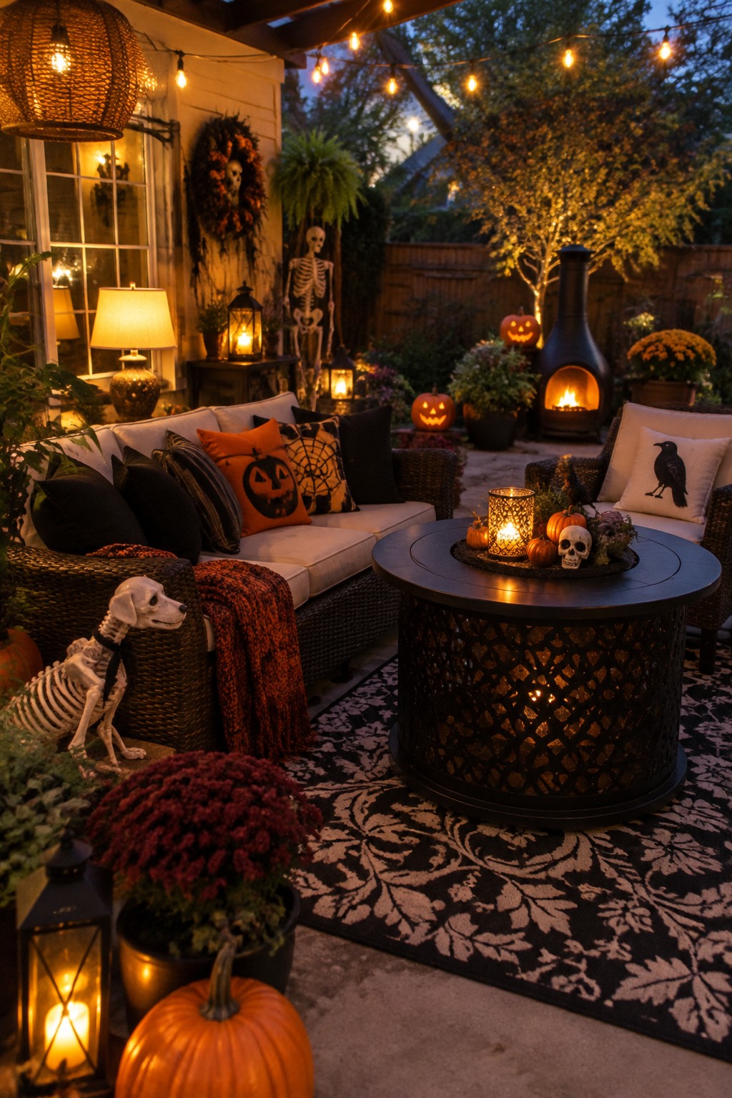 Outdoor patio at dusk with multiple skeleton figures, carved jack-o'-lanterns, string lights, and a fire pit surrounded by seasonal seating.