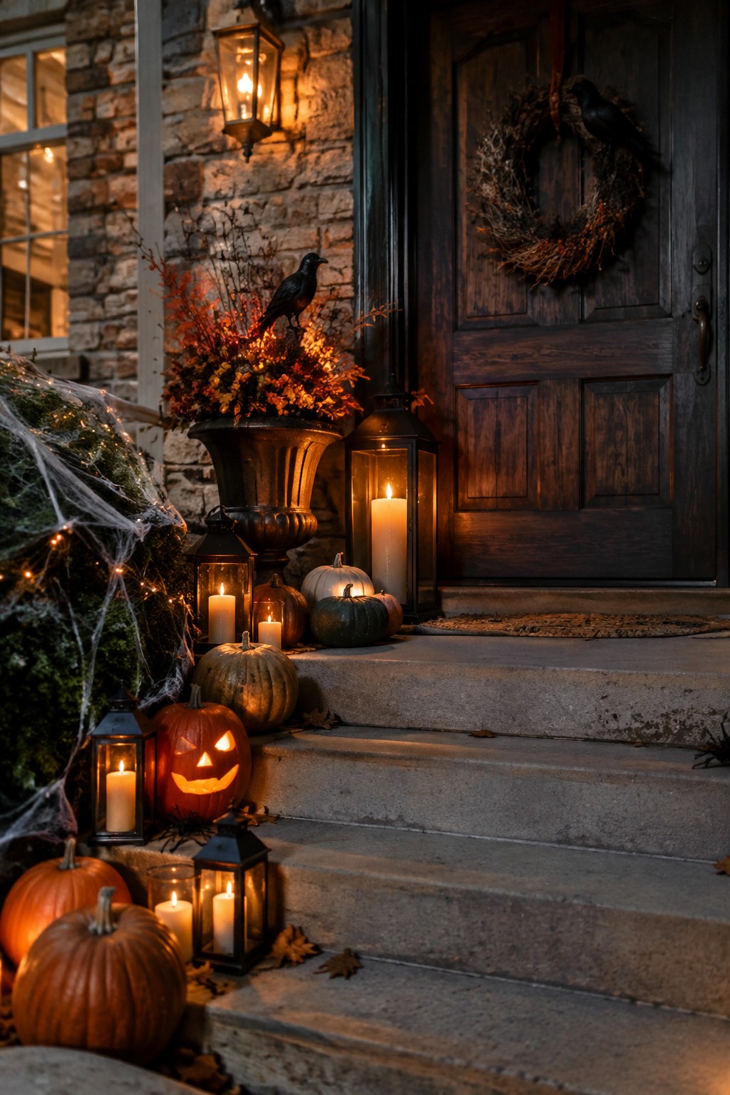 Front steps lined with black lanterns, lit candles, and assorted pumpkins including one carved jack-o'-lantern near a dark wooden door.