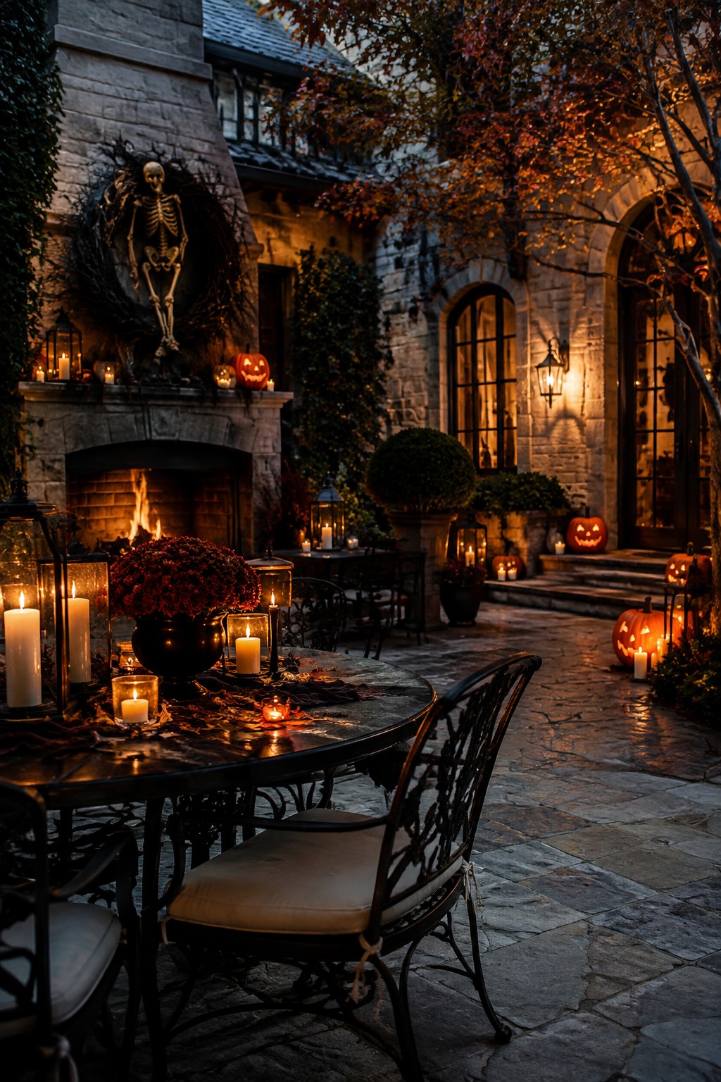 Outdoor stone fireplace at night decorated with a hanging skeleton, wreath, multiple lanterns, and jack-o'-lanterns.