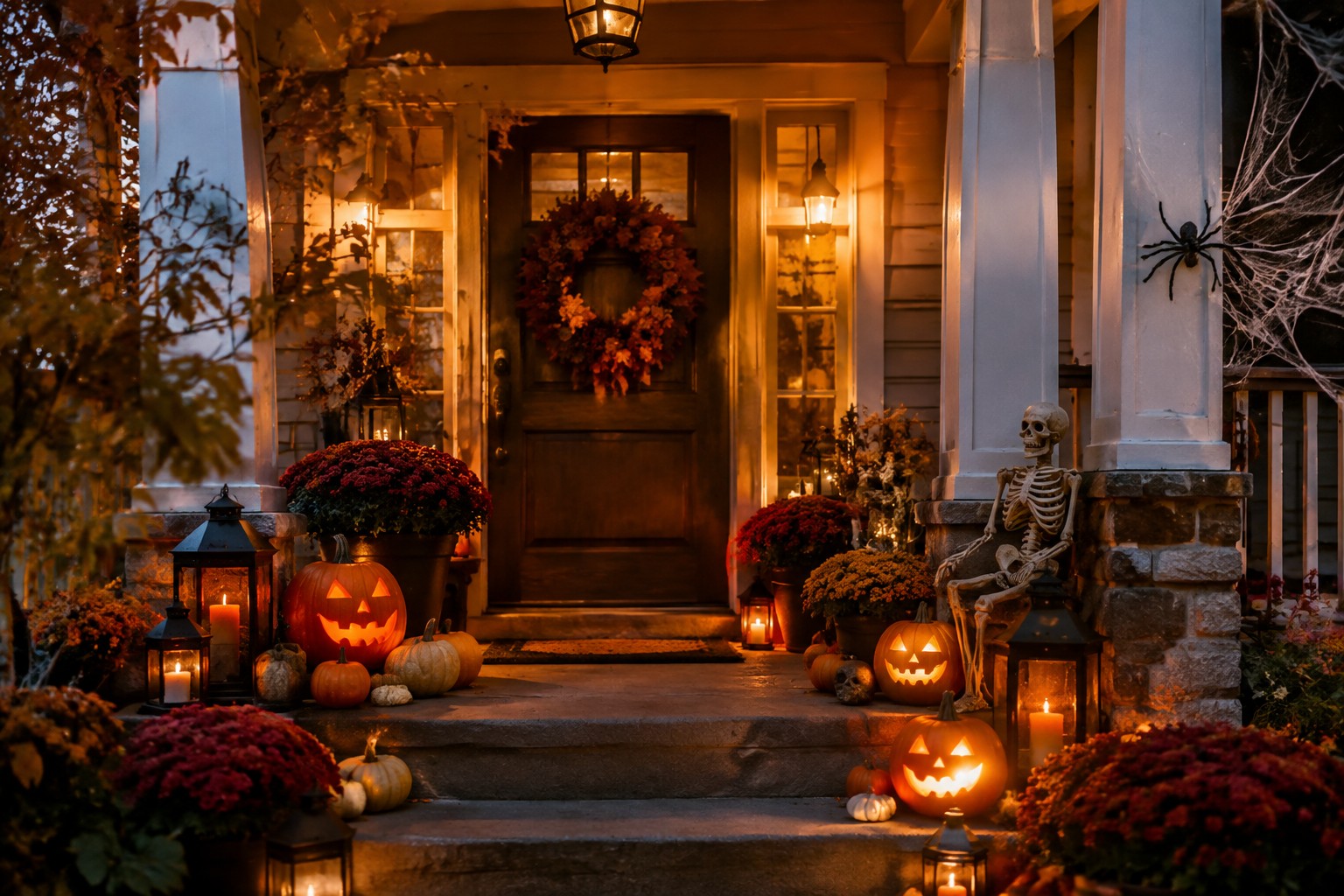Front porch at night with multiple glowing jack o lanterns placed on the steps and ground beside black candle lanterns.
