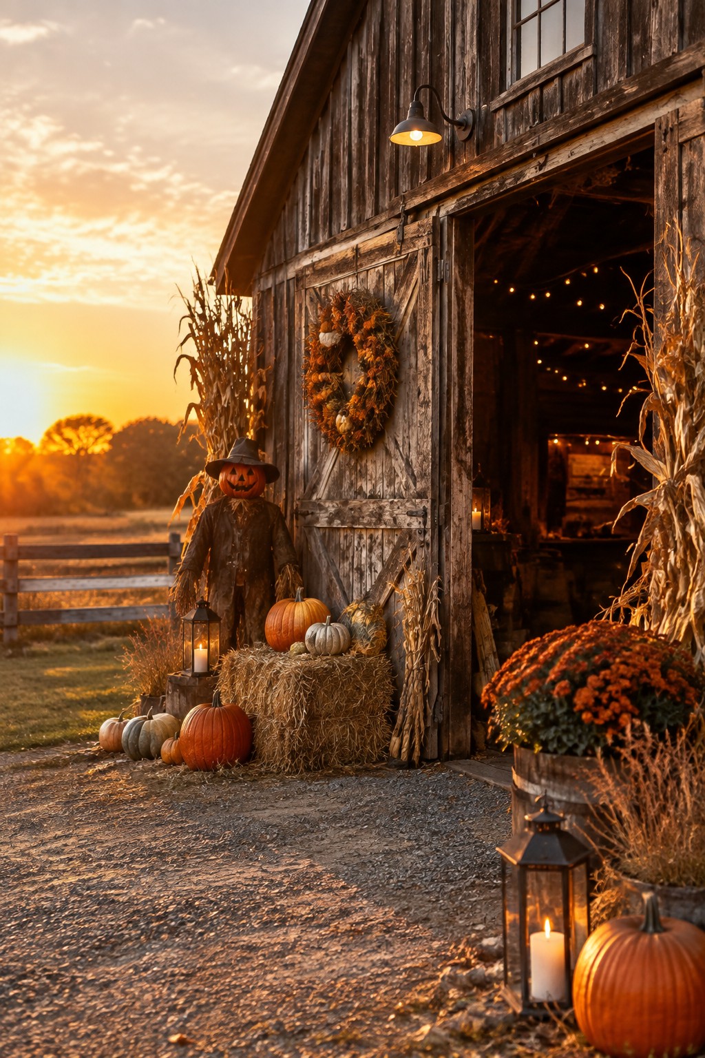 Rustic barn entrance decorated with a scarecrow topped by a lit jack o lantern, hay bales, pumpkins, and several glowing lanterns at sunset.