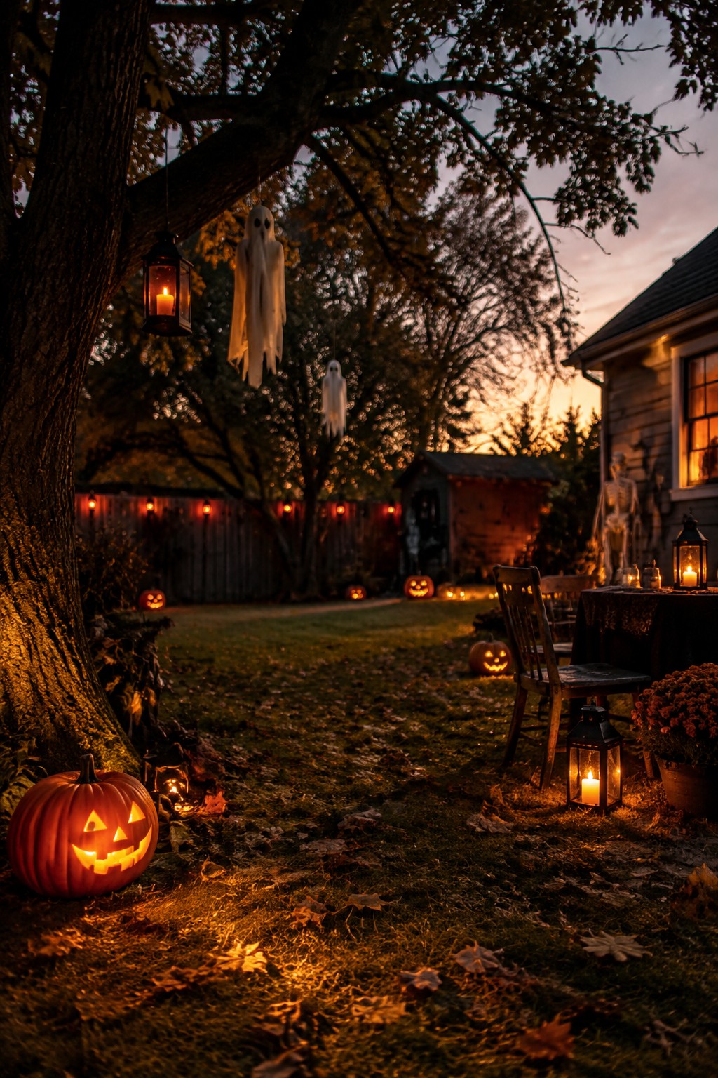 Backyard scene at dusk showing white fabric ghosts hanging from a tree branch, multiple lit jack-o'-lanterns on the ground, and glowing lanterns placed around the lawn near a wooden chair and table.