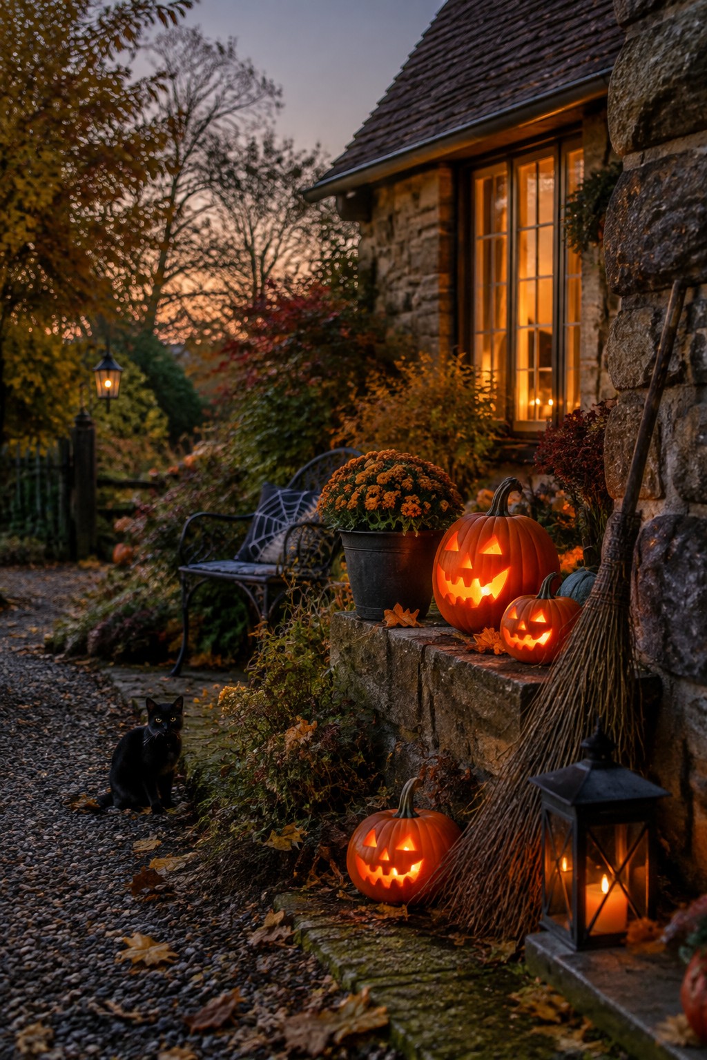 Glowing jack-o'-lanterns, broom, lantern by stone cottage with black cat at dusk