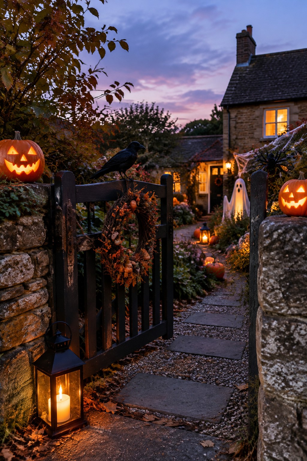 Stone walkway at dusk lined with glowing jack o lanterns on walls and ground, plus black lanterns with candles and a black crow on the gate.