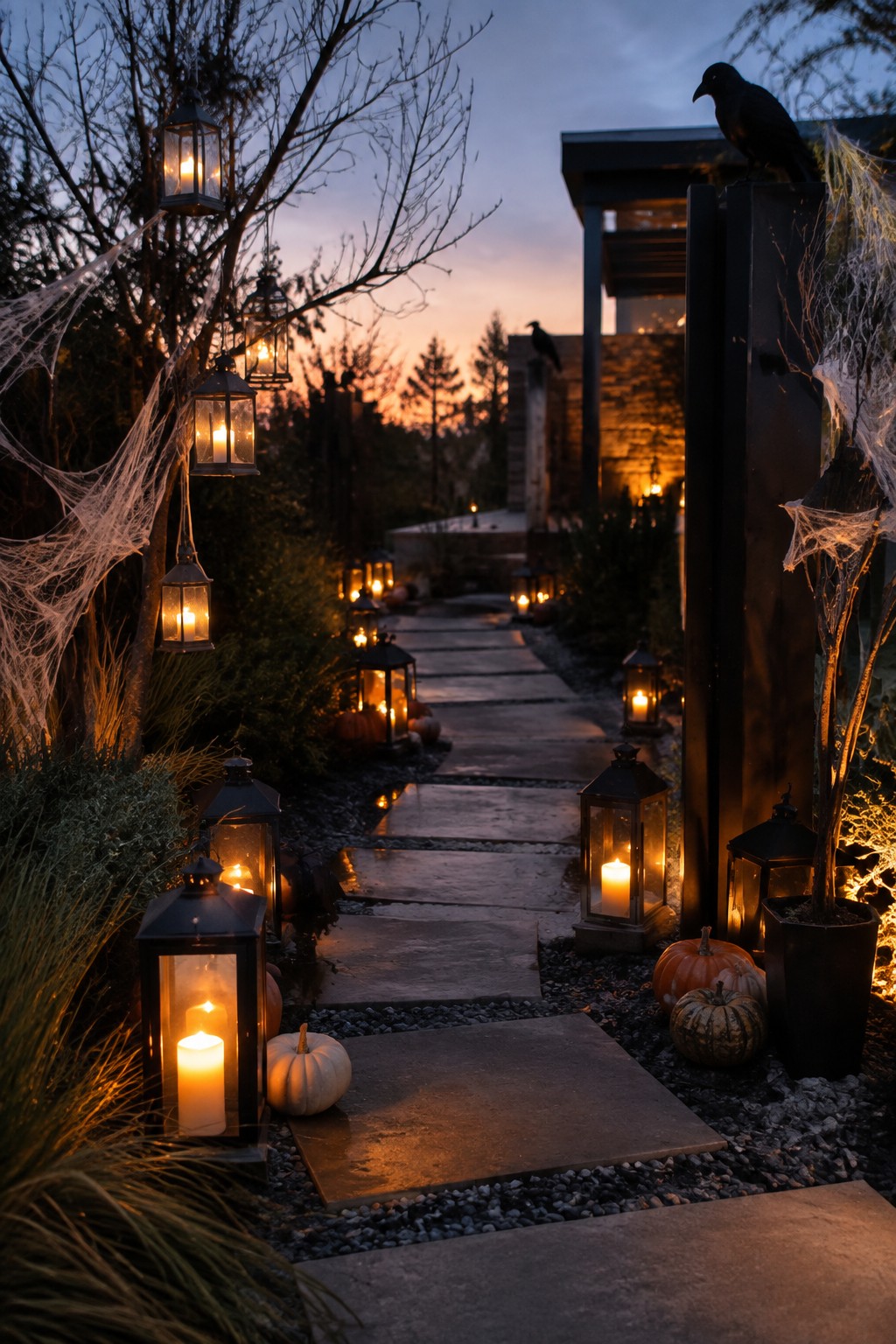 Stone outdoor walkway lined with glowing black lanterns, spiderwebs on trees, and scattered pumpkins at dusk.