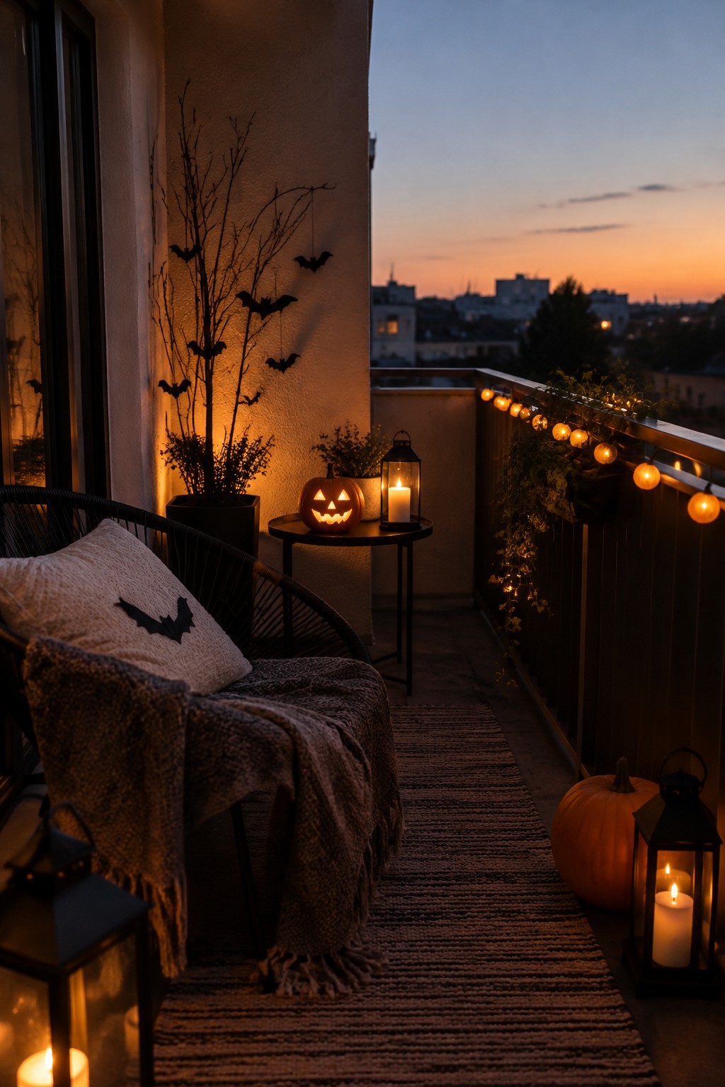 Balcony at dusk with string lights along the railing, a glowing jack o lantern on a small table, black bat decorations on the wall, and several lit lanterns.