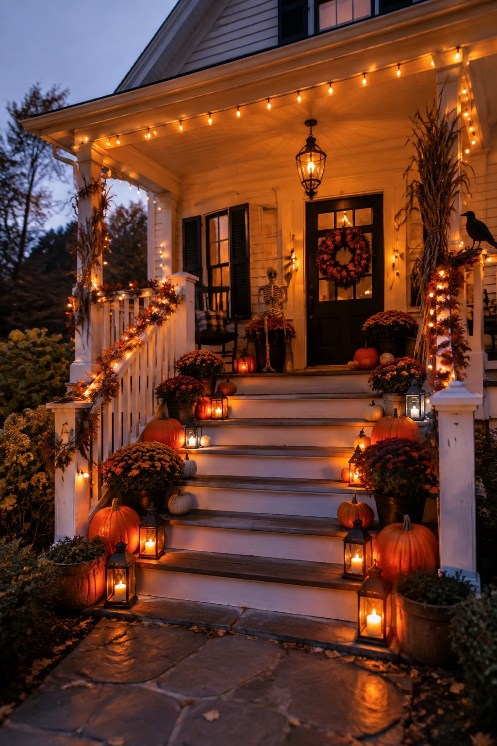 Front porch at dusk with string lights along the railings and roof, black lanterns with candles, pumpkins on the steps, and a skeleton standing near the door.