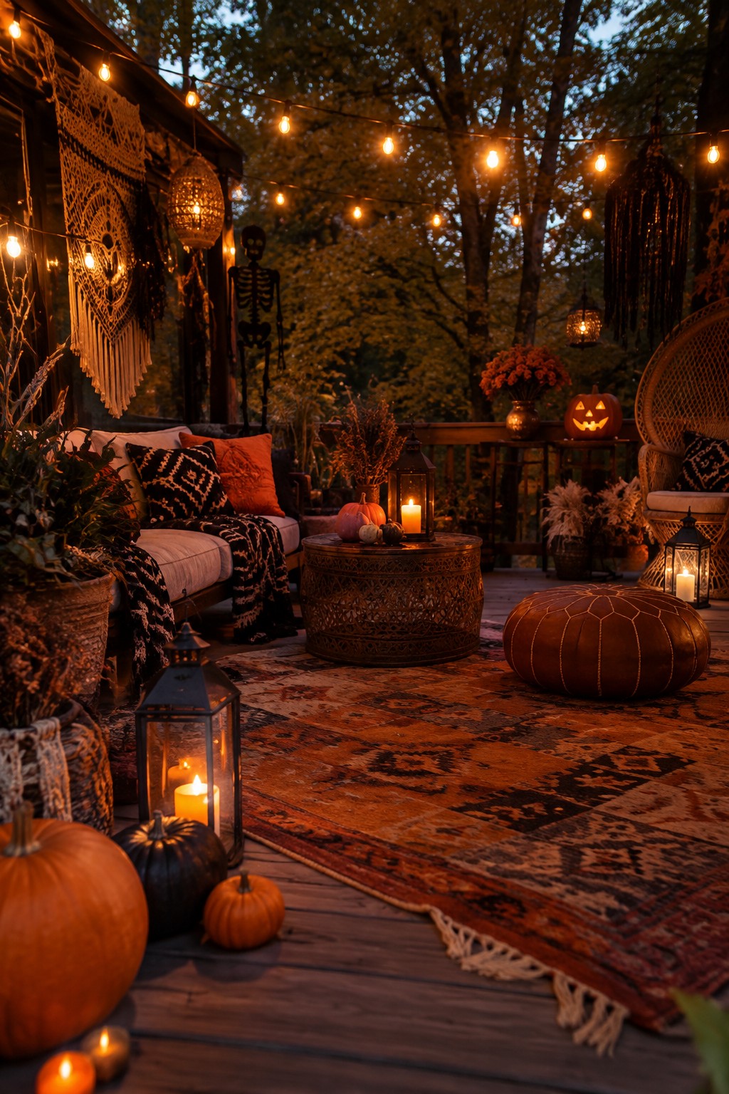 Outdoor patio at dusk with string lights overhead, black lanterns holding lit candles, and carved jack-o'-lanterns placed around a seating area with a patterned rug.