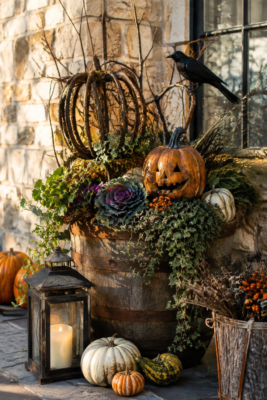 Autumn display with carved pumpkin, black bird, lantern, gourds, and foliage in barrel