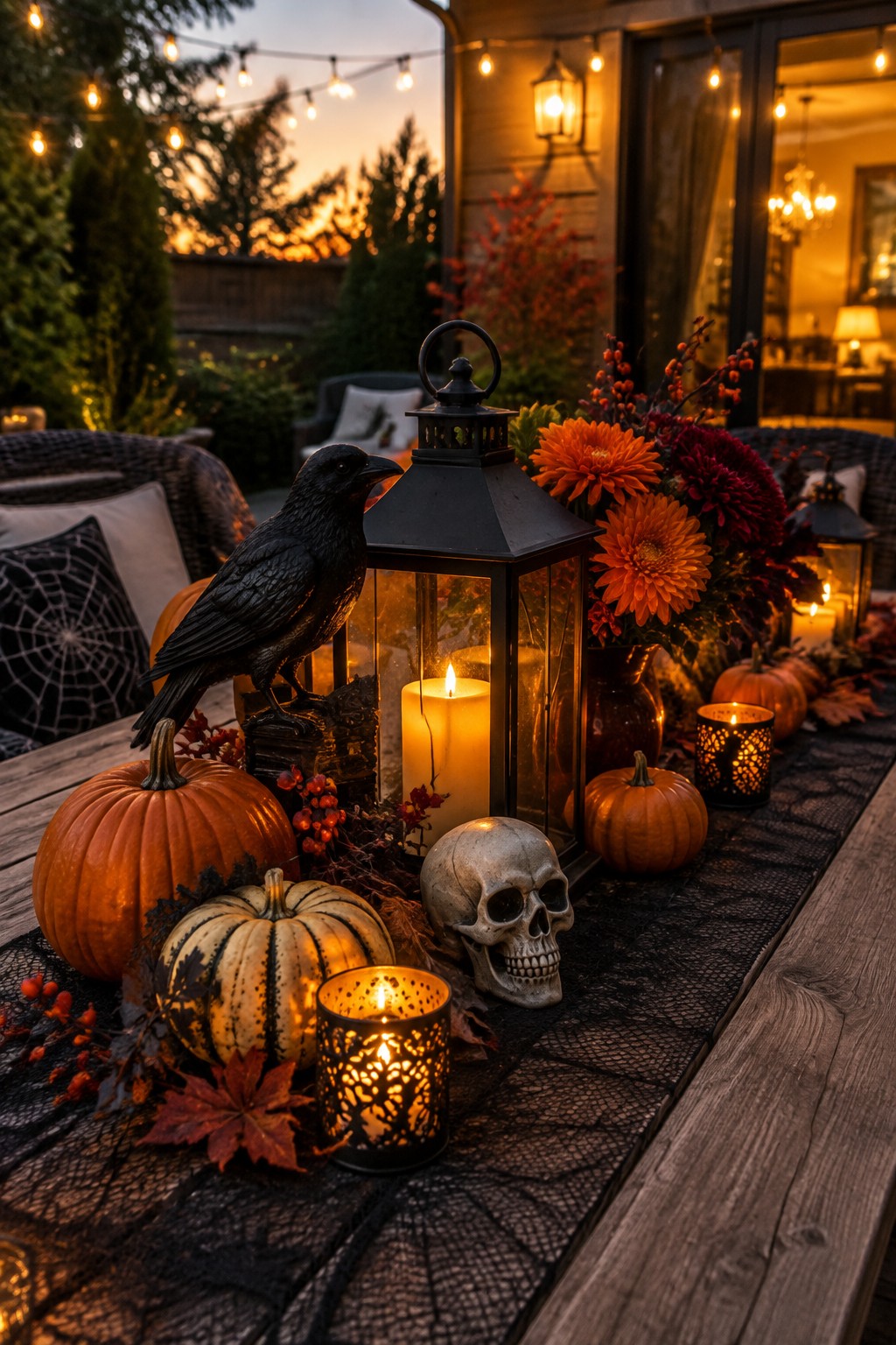 Outdoor wooden table decorated with a skull, black crow, pumpkins, lit lanterns, and flowers on a black spiderweb runner.