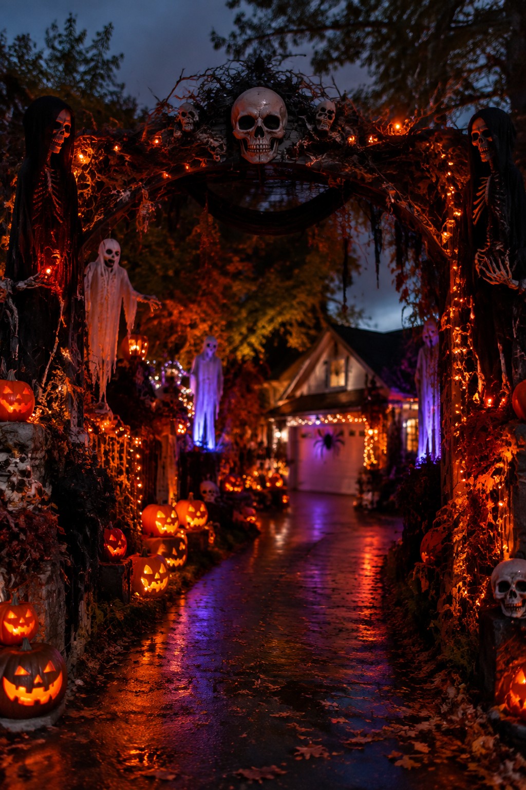 Outdoor walkway entrance with a large arch covered in skulls and vines, flanked by tall skeleton figures and lined with glowing jack o lanterns.
