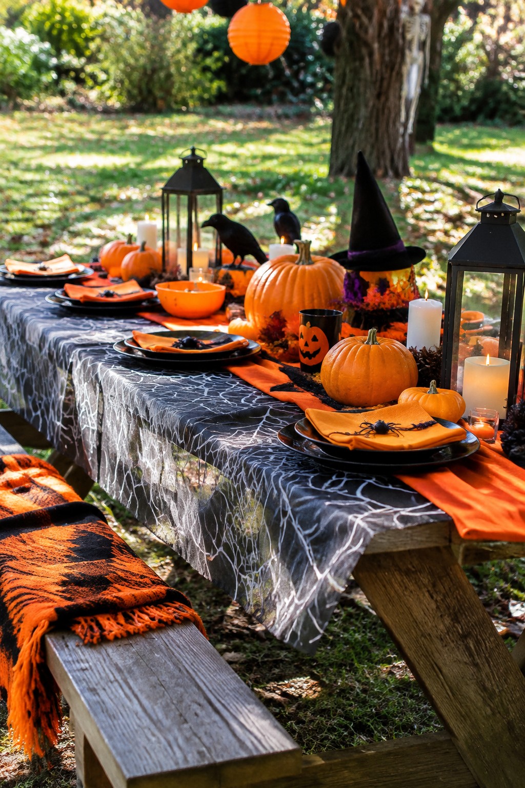 Outdoor wooden picnic table set with a black spiderweb tablecloth, orange napkins, black plates, carved pumpkins, a witch hat, black crows, and lit lanterns and candles.