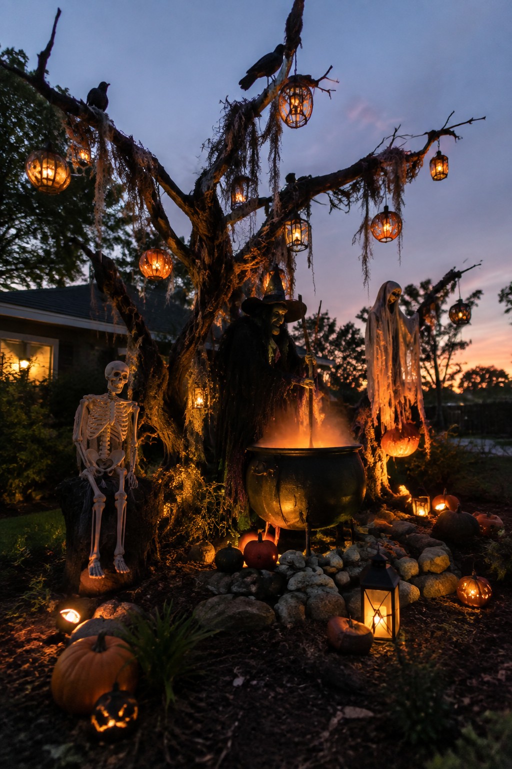 Outdoor yard display with a witch figure stirring a large glowing cauldron under a tree hung with lanterns, a skeleton seated nearby, and a ghost figure standing to the side.