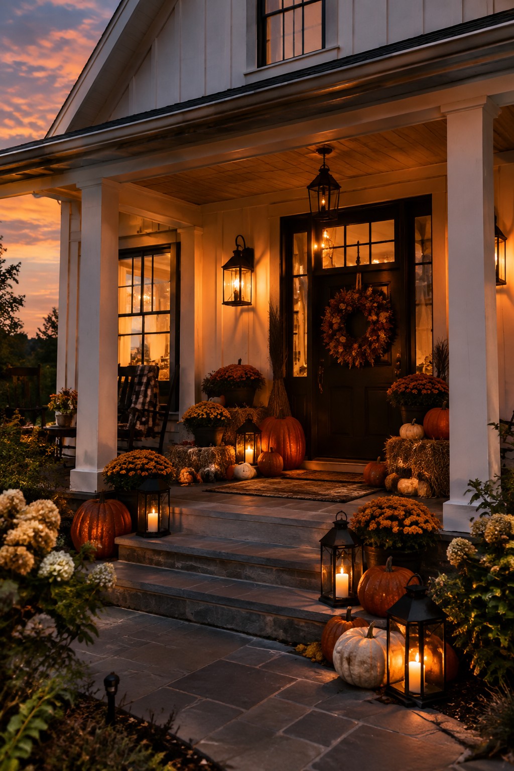 Front porch decorated with orange and white pumpkins, lit black lanterns, hay bales, and chrysanthemums around the steps and door at dusk.