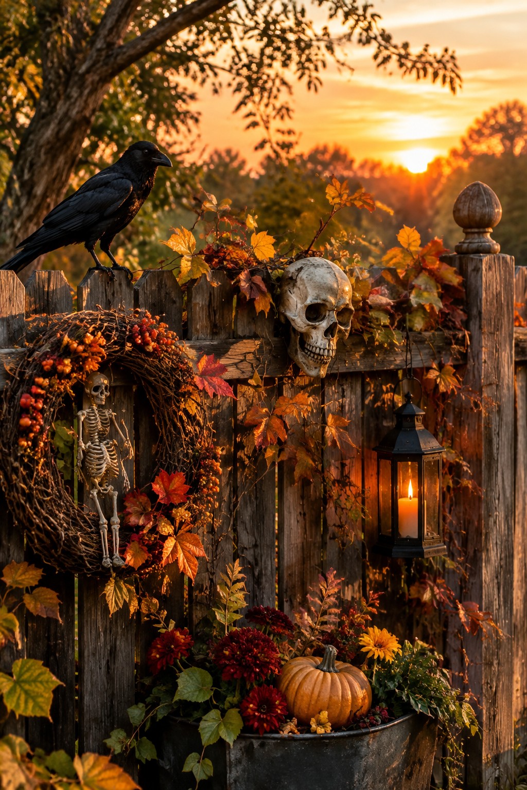 Black crow on fence with skull, skeleton wreath, lit lantern, pumpkin amid autumn leaves at sunset