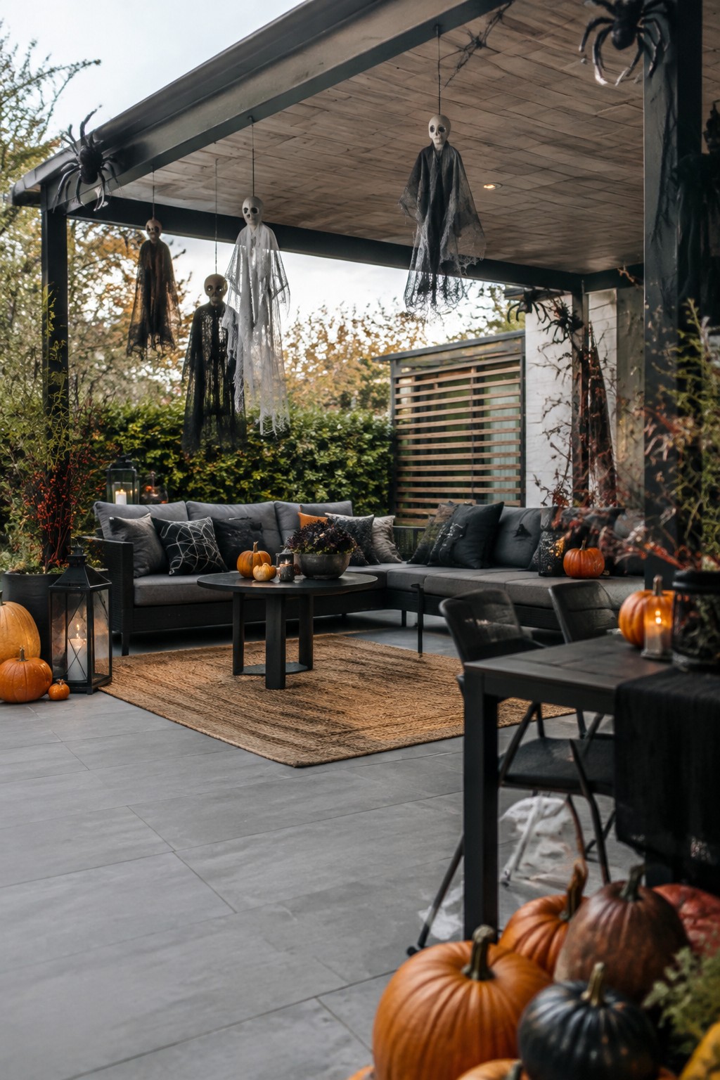 Covered outdoor patio with multiple hanging ghosts and skeletons suspended from the ceiling beams, black spiders on the posts, and pumpkins scattered around the seating area.