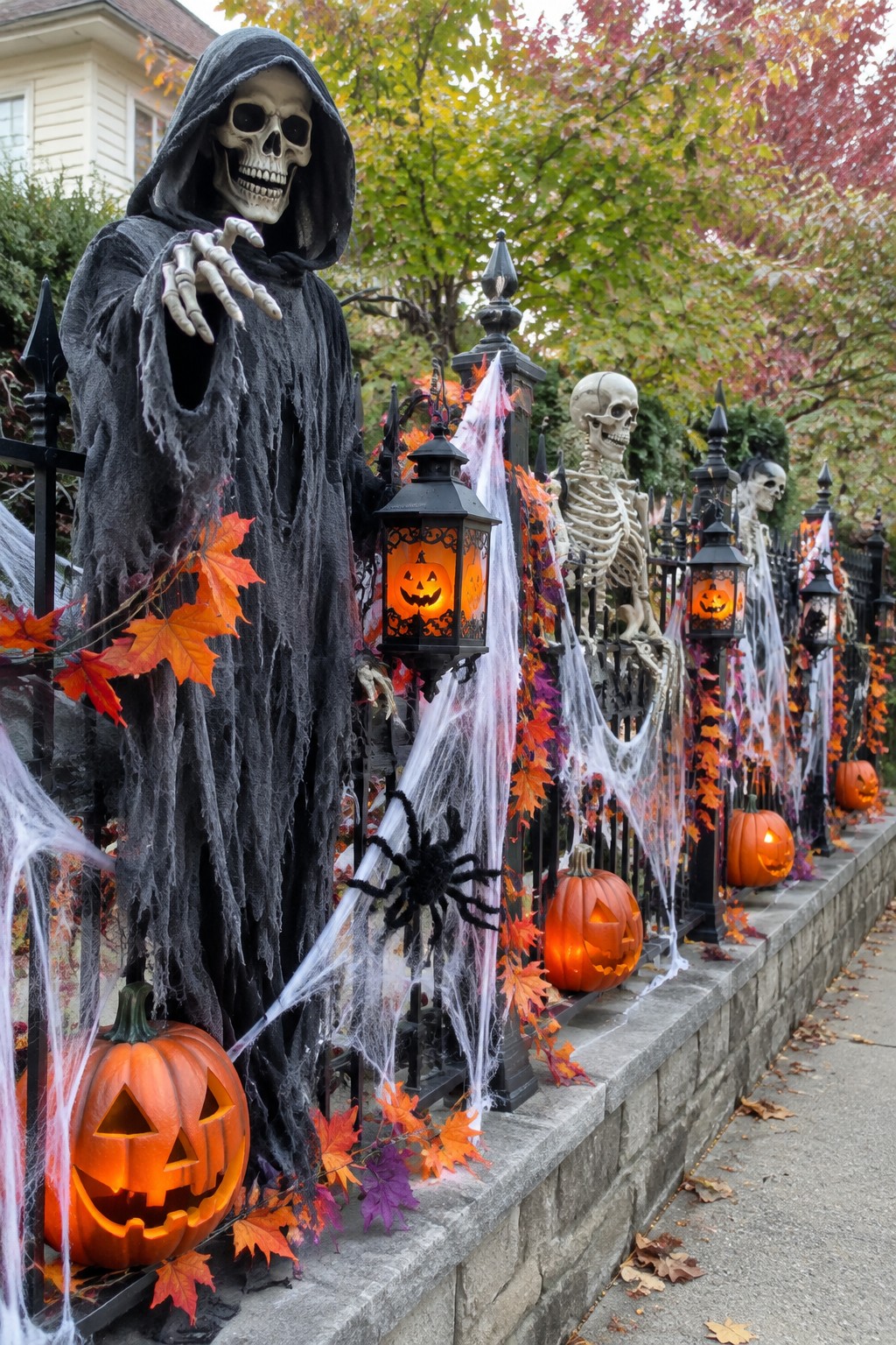Outdoor fence lined with multiple skeletons, spiderwebs, glowing jack-o'-lanterns, and a large grim reaper figure.
