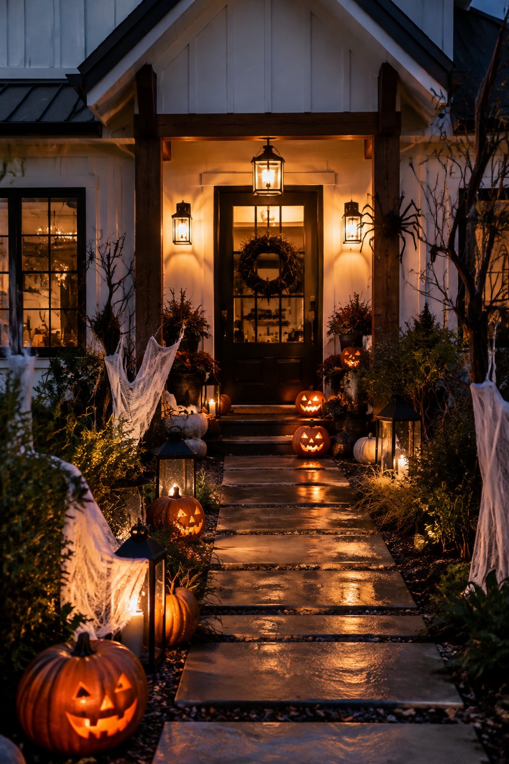Stone walkway lined with glowing jack-o'-lanterns and lanterns leading to a front door decorated with spiders and a wreath at night.