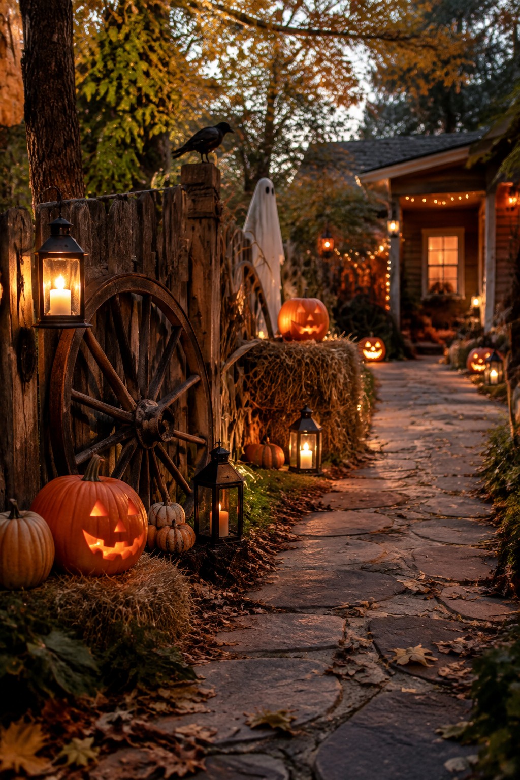 Stone walkway lined with carved jack-o'-lanterns, black lanterns, and a white ghost figure beside a wooden fence at dusk.