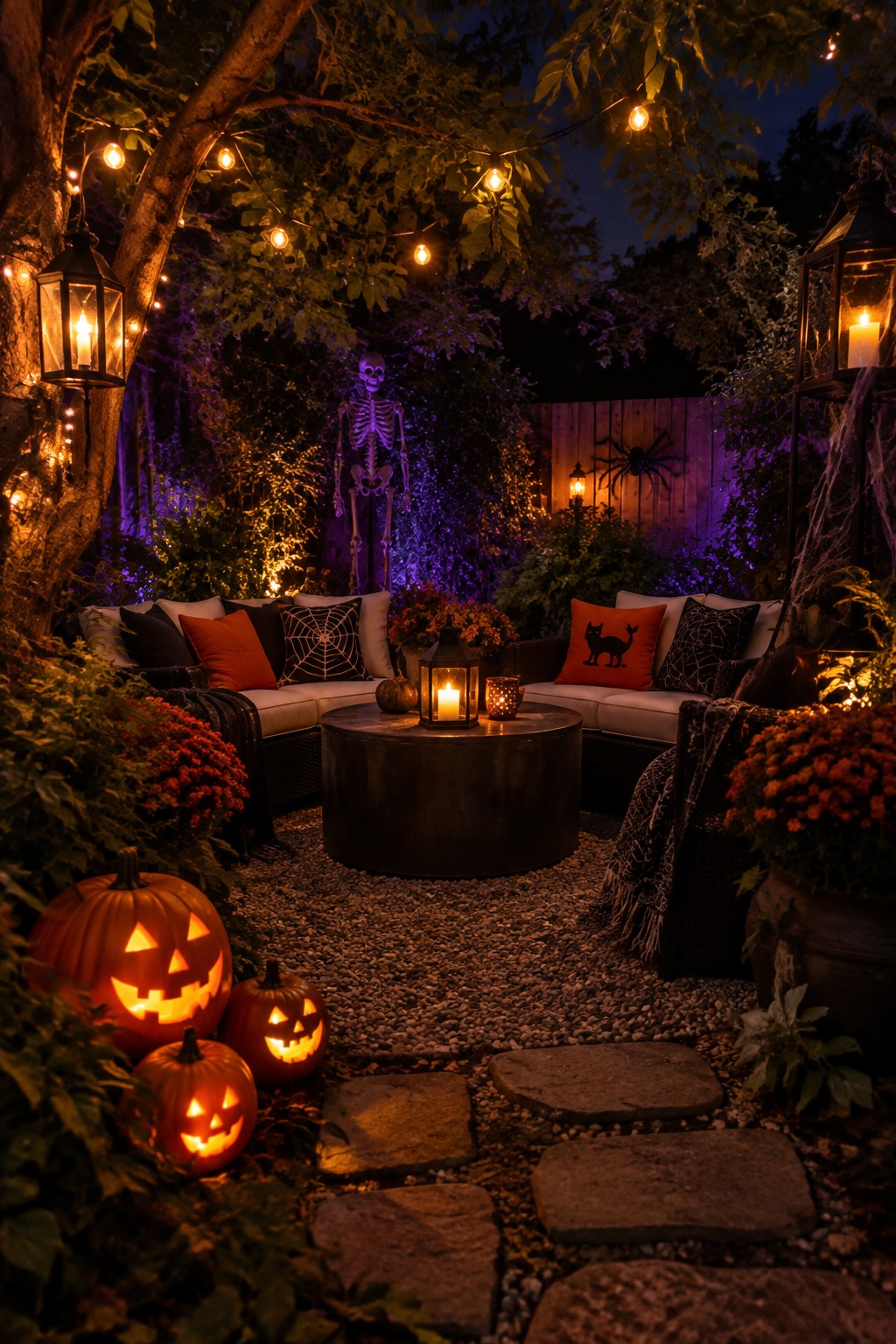 Outdoor patio at night with a standing skeleton, carved jack-o'-lanterns on the ground, and spiderweb pillows on wicker seating.