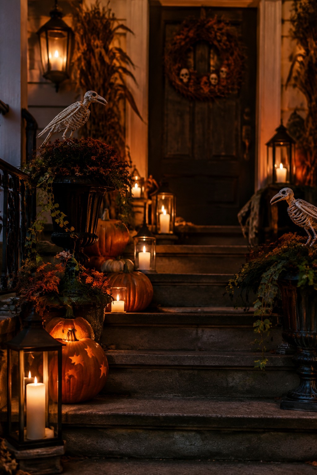 Front porch stairs decorated with skeleton birds perched on planters, carved pumpkins, and lanterns leading to a dark door with a skull wreath.