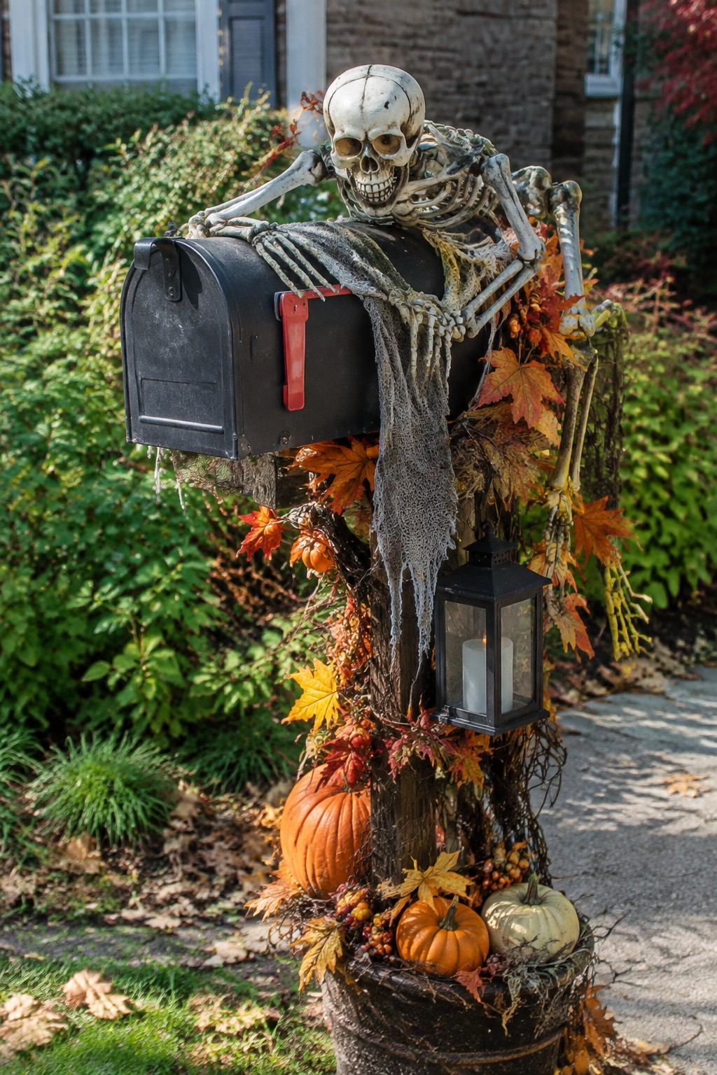 A skeleton figure draped over a black mailbox with spiderwebs, autumn leaves, and a lantern attached to the post.