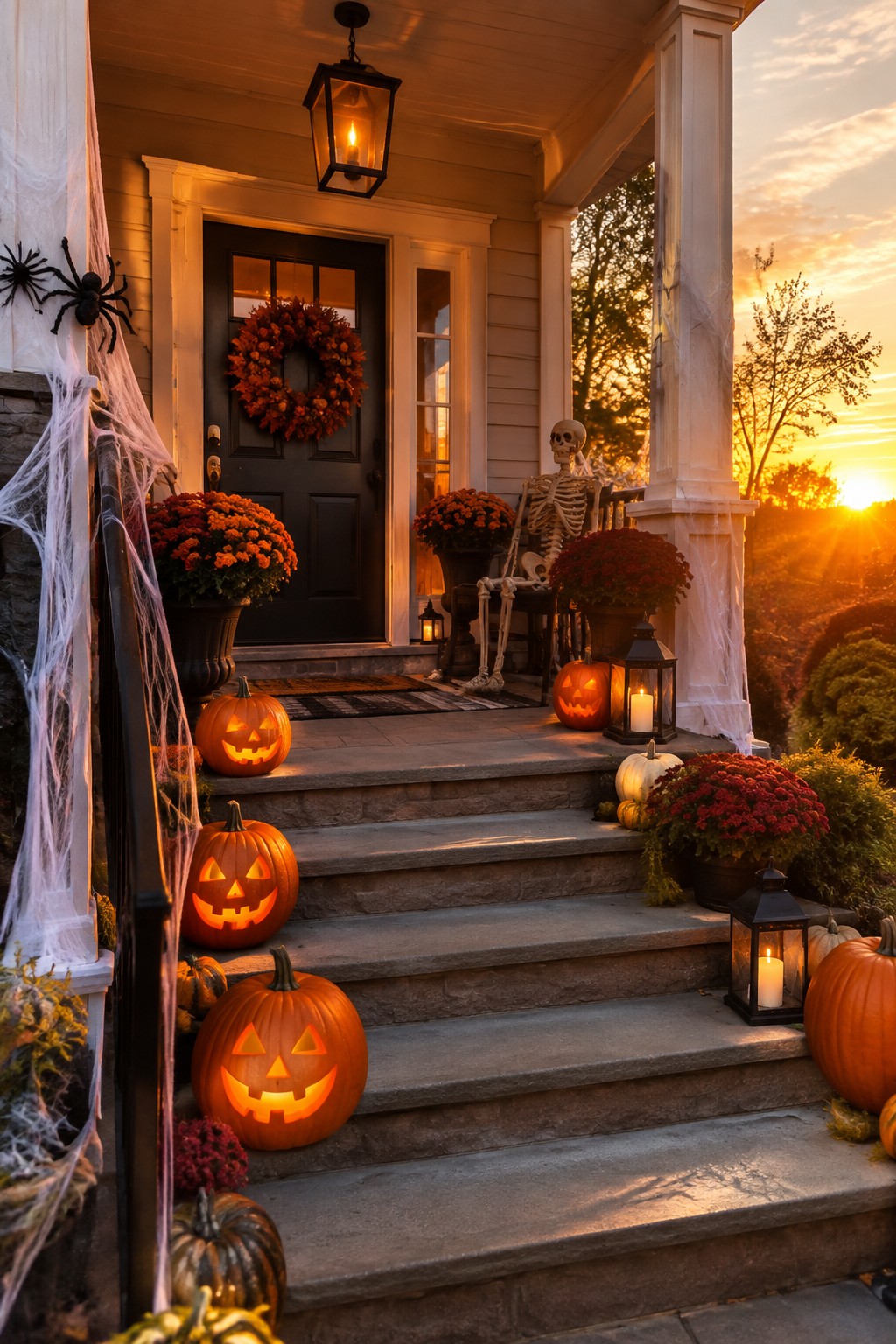 Glowing jack-o'-lanterns on steps of Halloween porch with skeleton at sunset