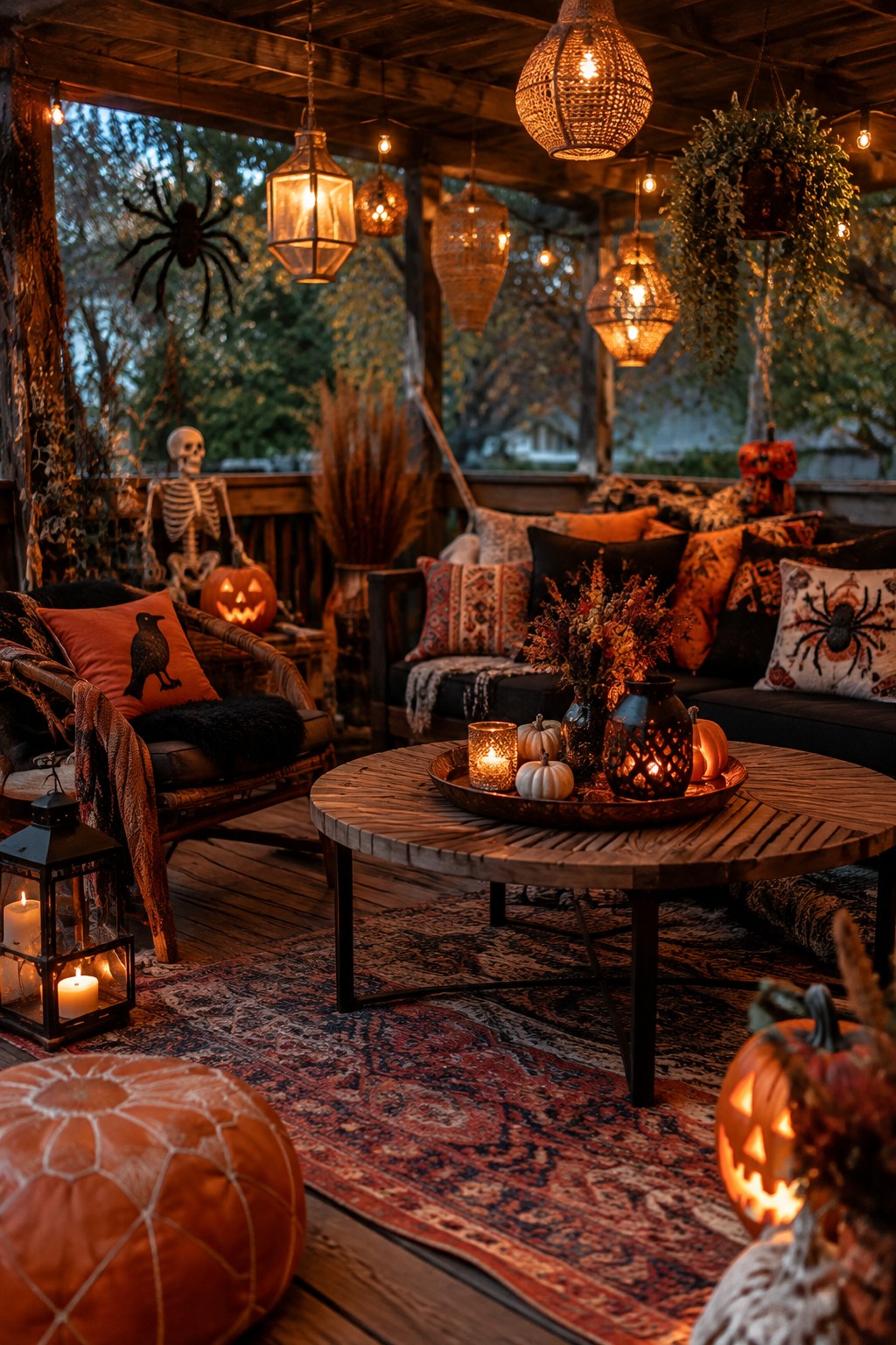 Covered wooden porch decorated with a seated skeleton, carved jack-o'-lanterns, spider pillows, and string lights for Halloween.