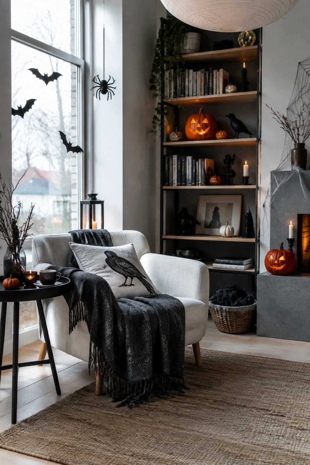 Living room window with several black paper bats on the glass and a black spider hanging nearby, next to a white armchair with a raven pillow and carved pumpkins on nearby shelves.