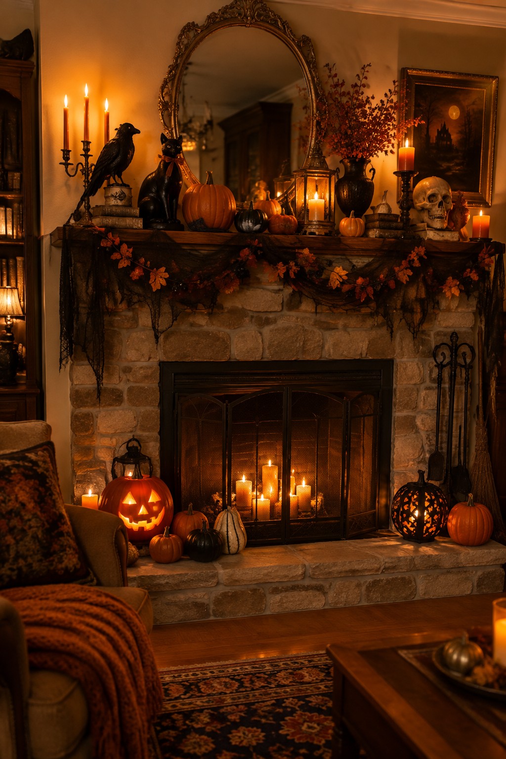 Stone fireplace mantel styled with a black cat figurine, crow statue, human skull, carved jack-o'-lantern, lanterns, and black web garland mixed with small pumpkins.
