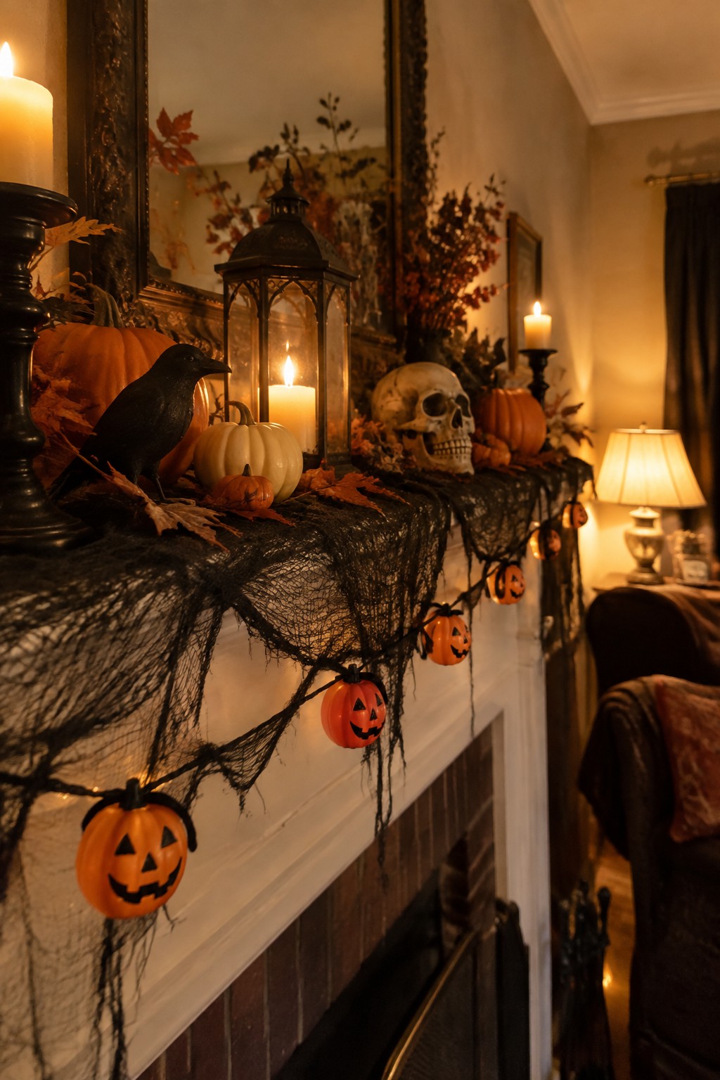Fireplace mantel decorated with a string of jack o' lantern lights, a black crow, a skull, small pumpkins, and black webbing.