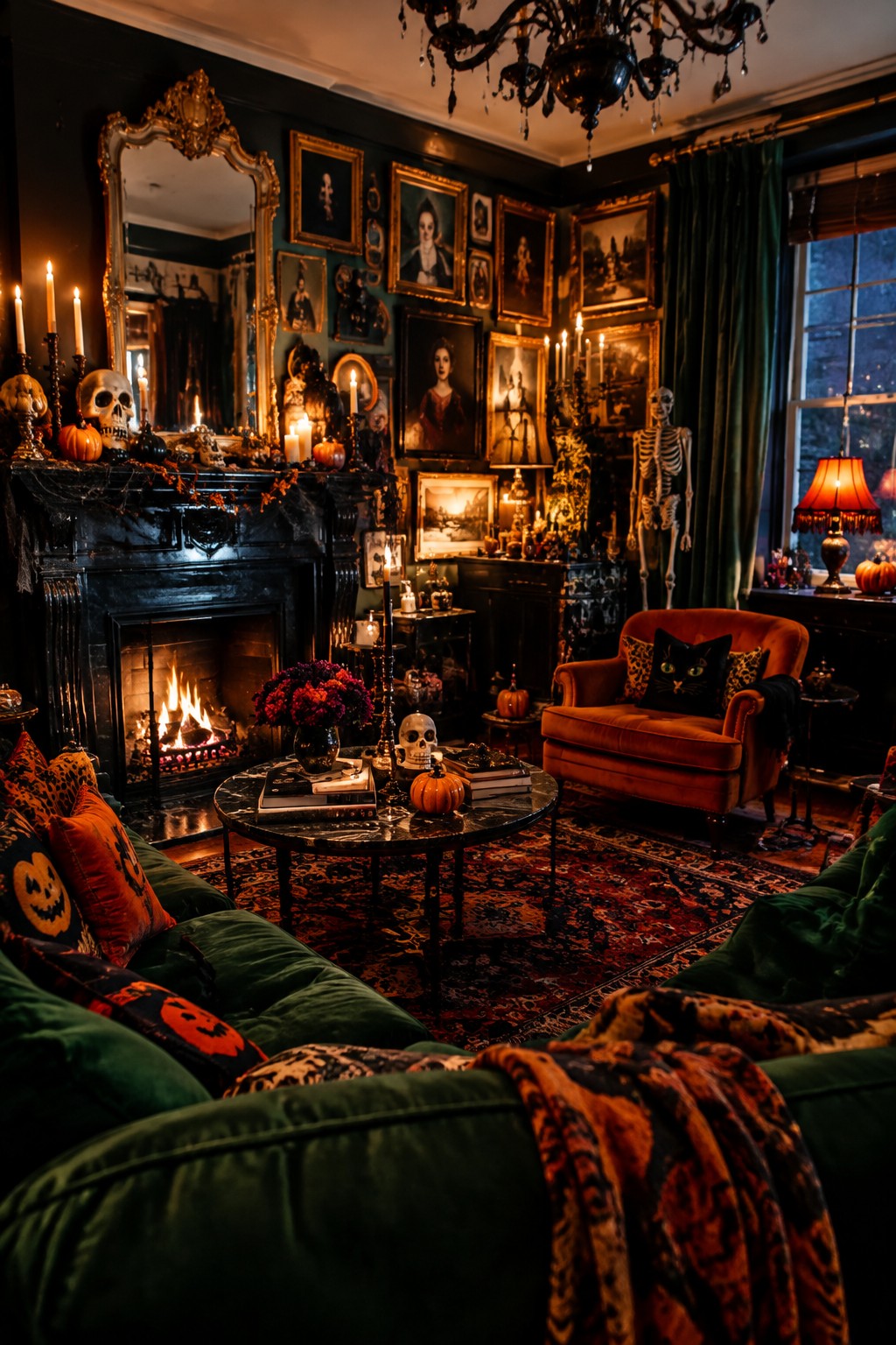 Gothic Halloween parlor with fireplace, skulls, pumpkins, velvet sofas, and candlelit portraits.