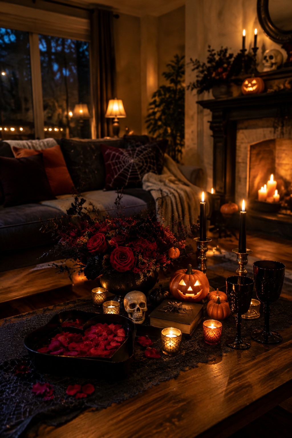 Coffee table arranged with a skull, carved pumpkins, dark red roses in a black vase, black candles, and an old book in a dimly lit living room.