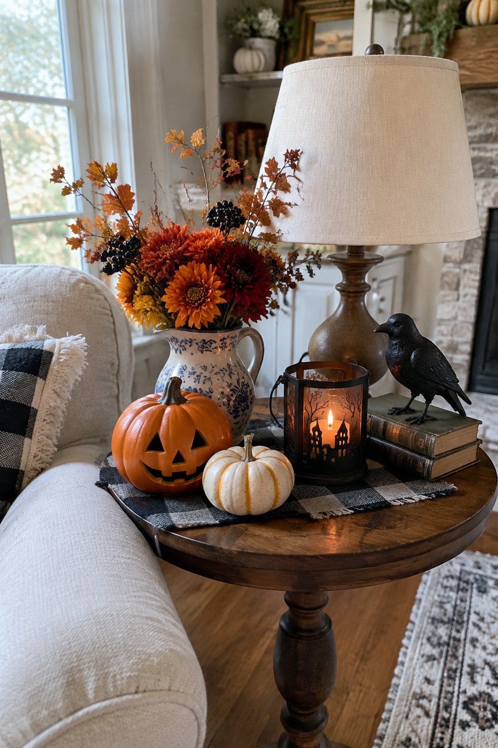 Cozy autumn table with carved pumpkin, flowers, glowing lantern, and black crow figurine.