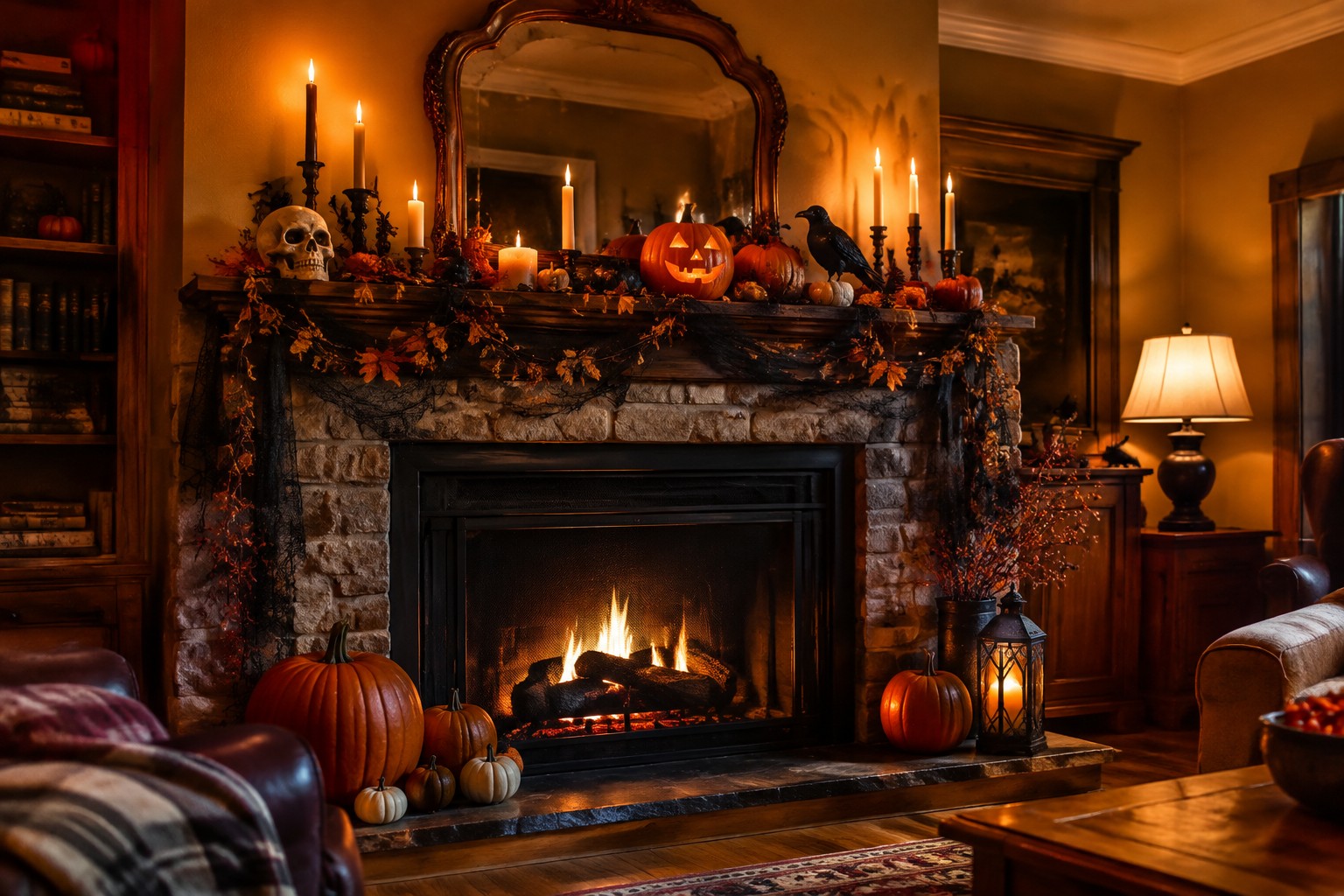 Living room fireplace mantel decorated with carved jack-o'-lanterns, black cat figures, a vintage clock, and autumn leaf garland with string lights.