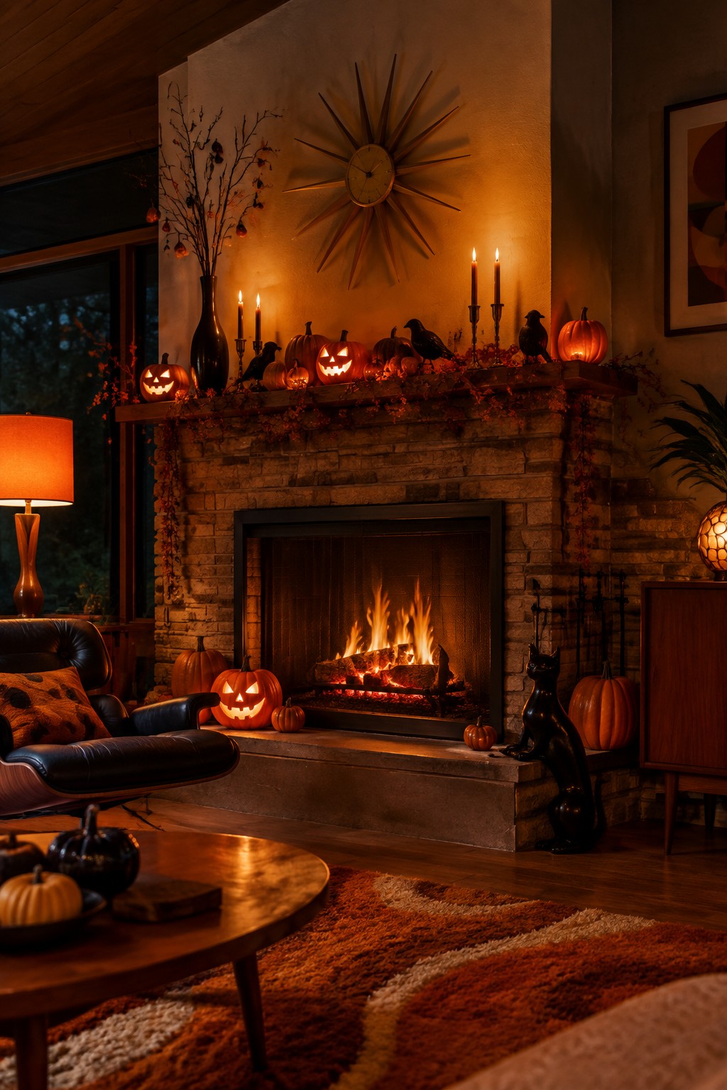 Living room fireplace mantel decorated with multiple carved jack o lanterns, black crows, taper candles, and autumn garland.